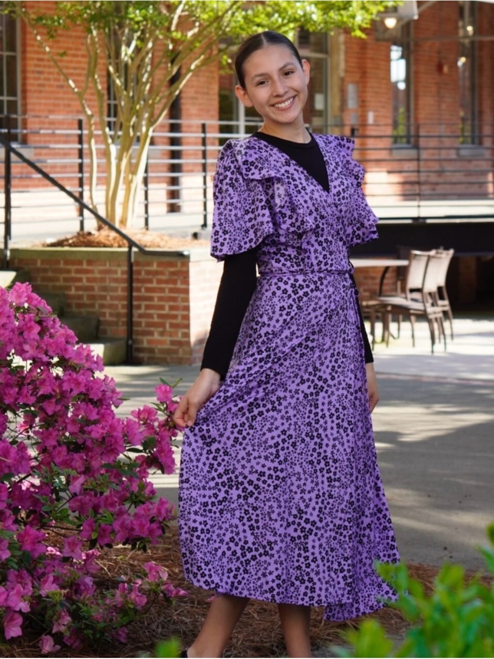 Purple Floral Midi Dress with Ruffle Shoulders